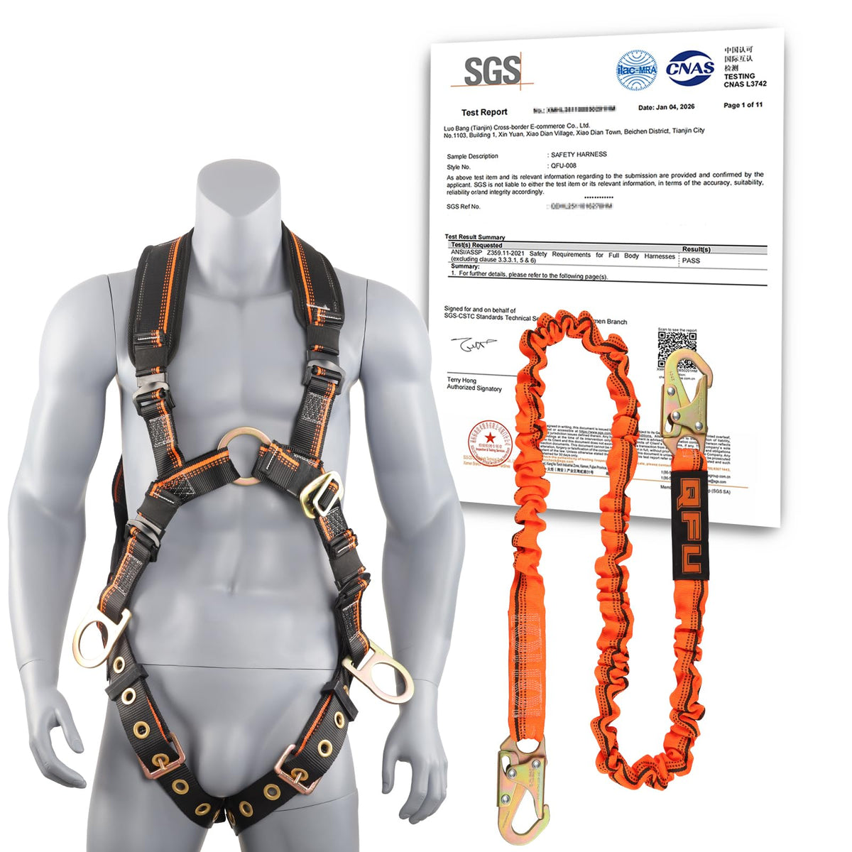 QFU full-body safety harness with padded back for comfortable wear.