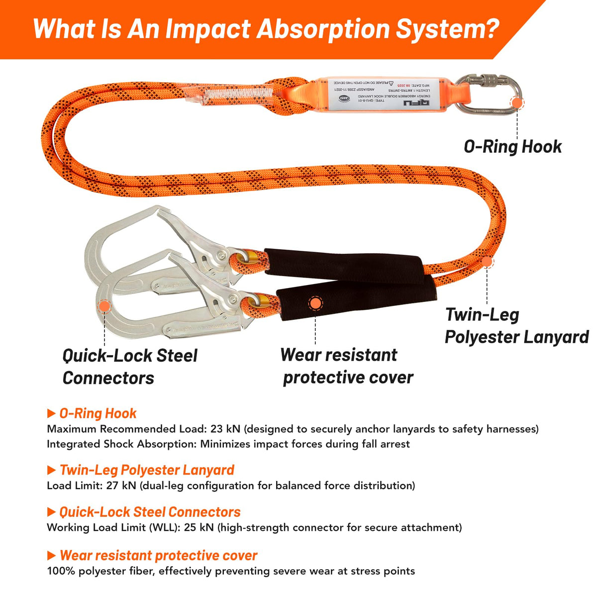 QFU safety harness kit lanyard focus demonstrates shock absorption for safer climbs.