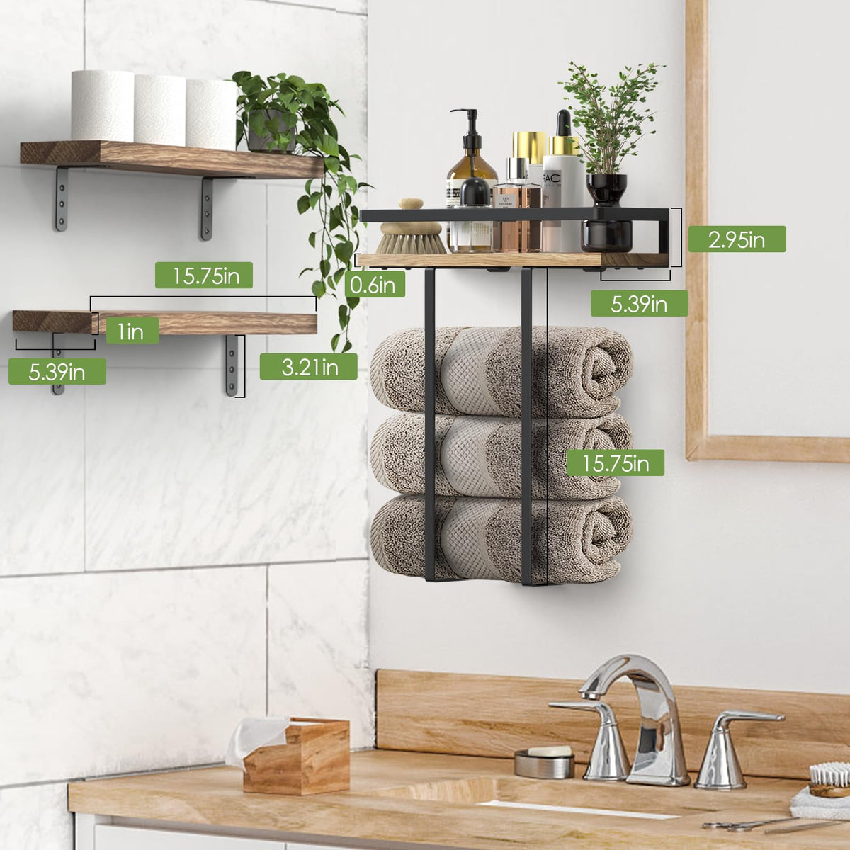 QHMCHLDZ floating shelves in carbonized wood add warm storage.