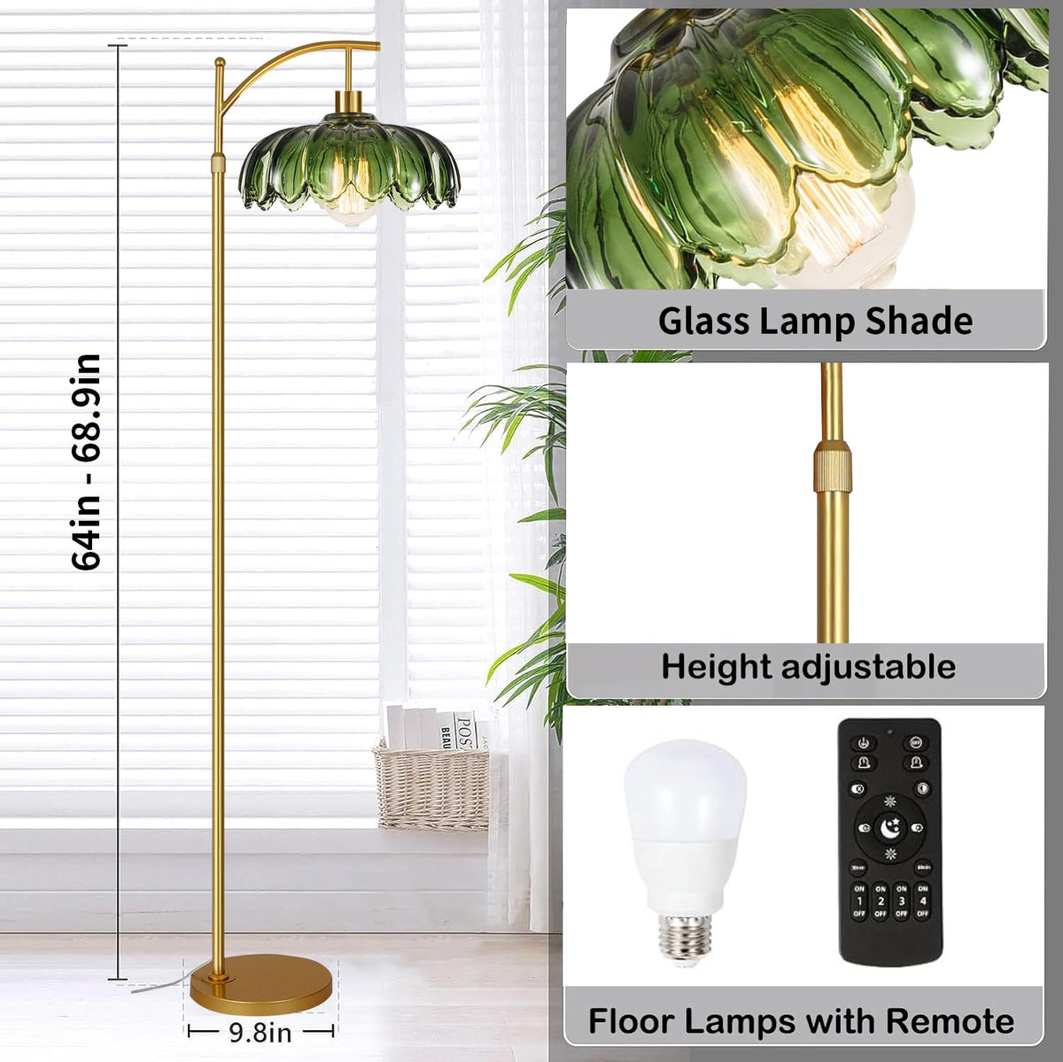 QIYIZM height-adjustable gold floor lamp extends 64 to 69 inches