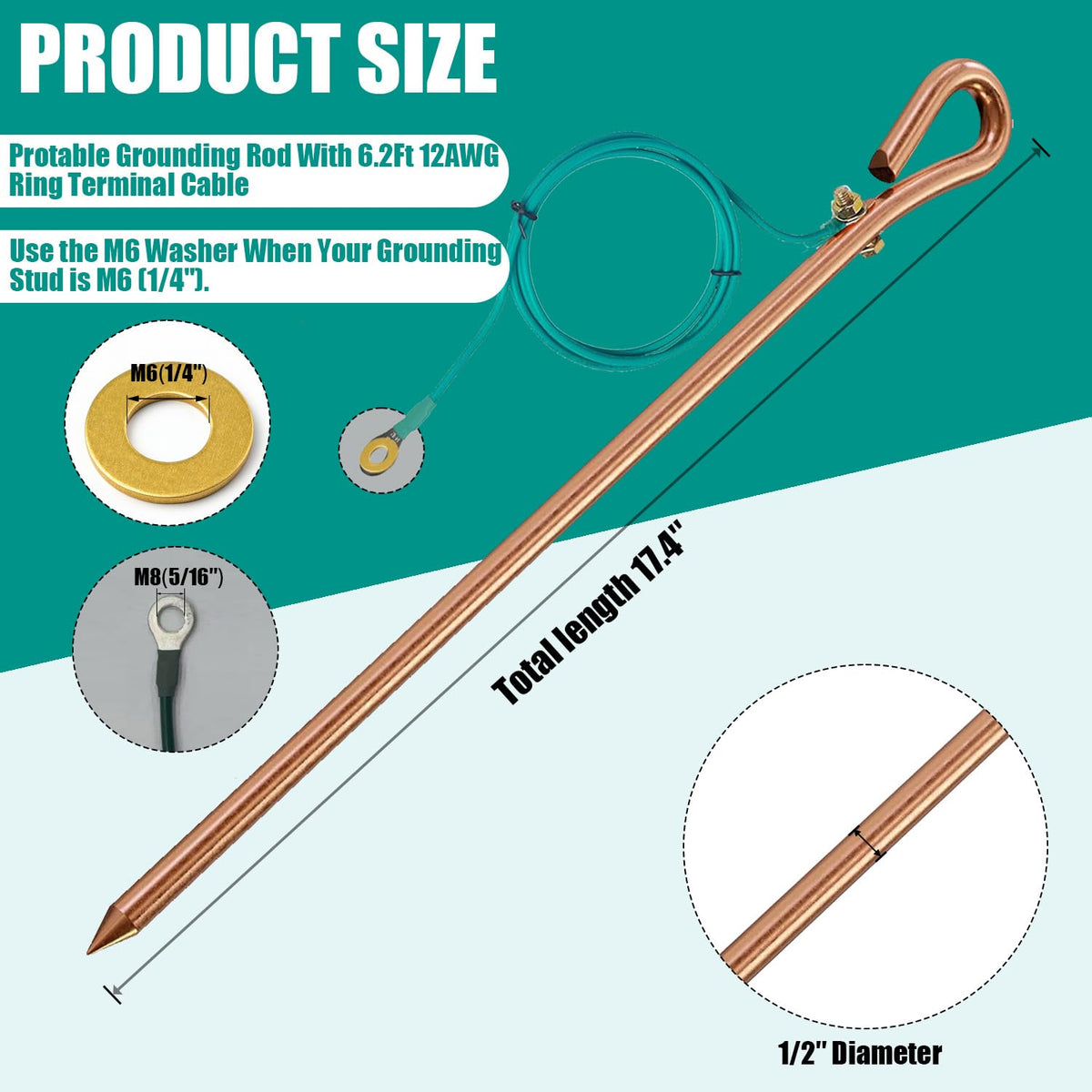 Qidarusxl ground rod 17.4-inch sturdy stake for reliable soil grounding