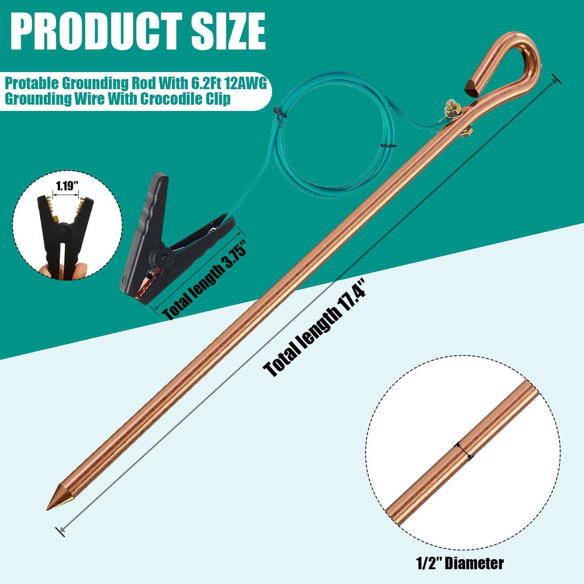 Qidarusxl grounding wire with 6.2 ft clip for versatile fencing and antenna bonding.