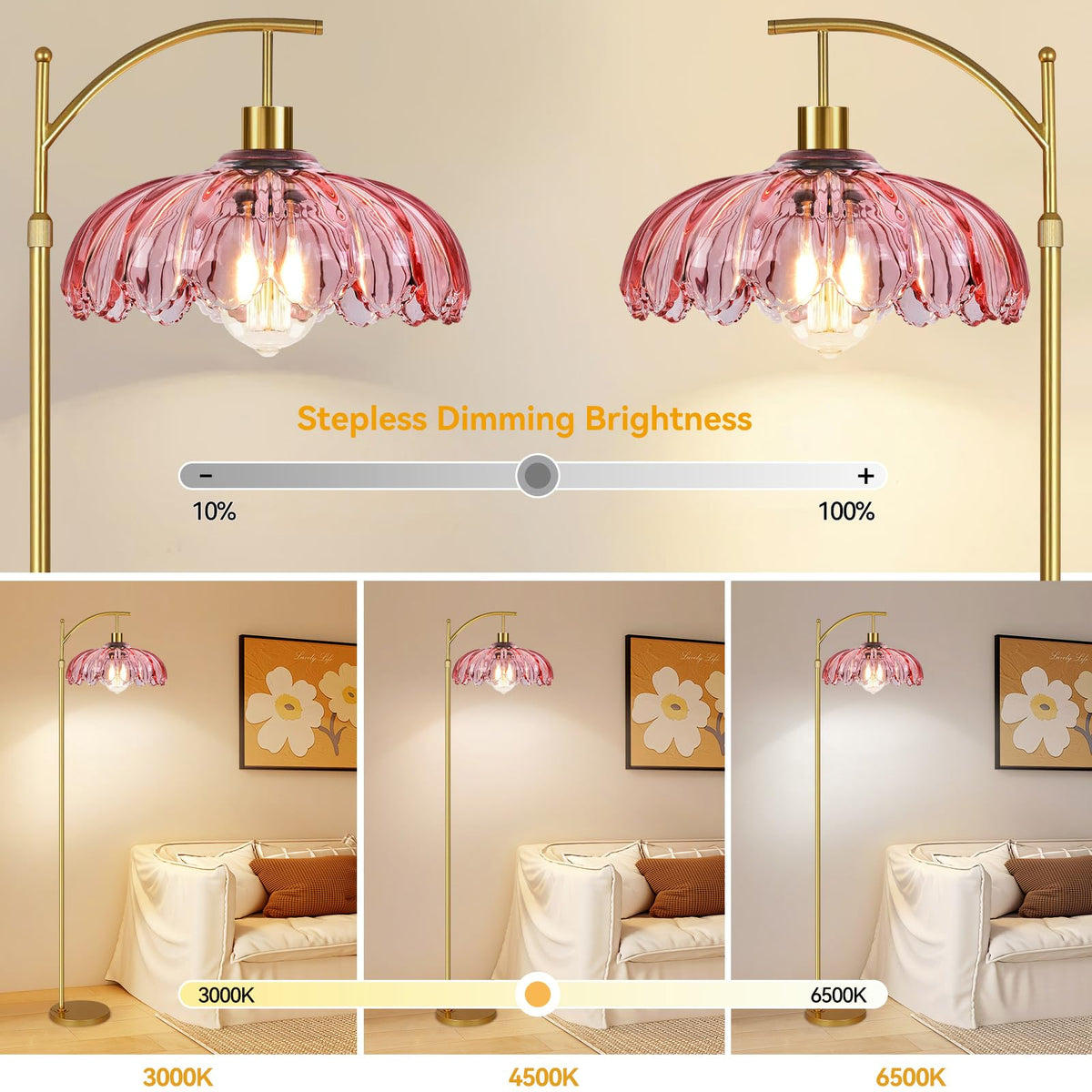 QIYIZM brass dimmable floor lamp with remote for easy lighting control.
