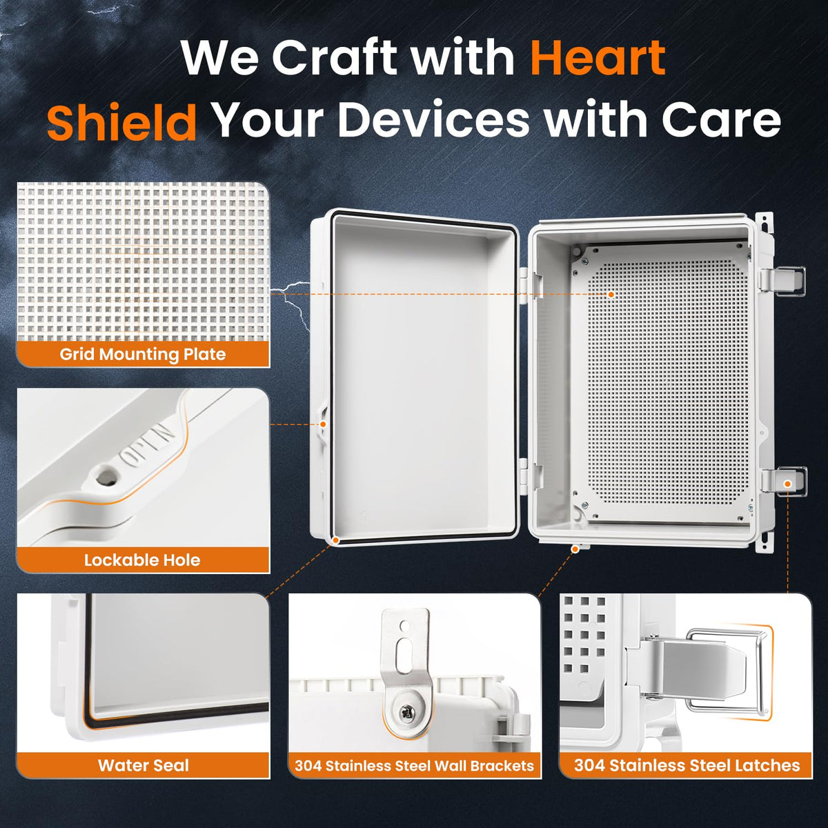Grey hinged cover on QILIPSU weatherproof box withstands harsh weather