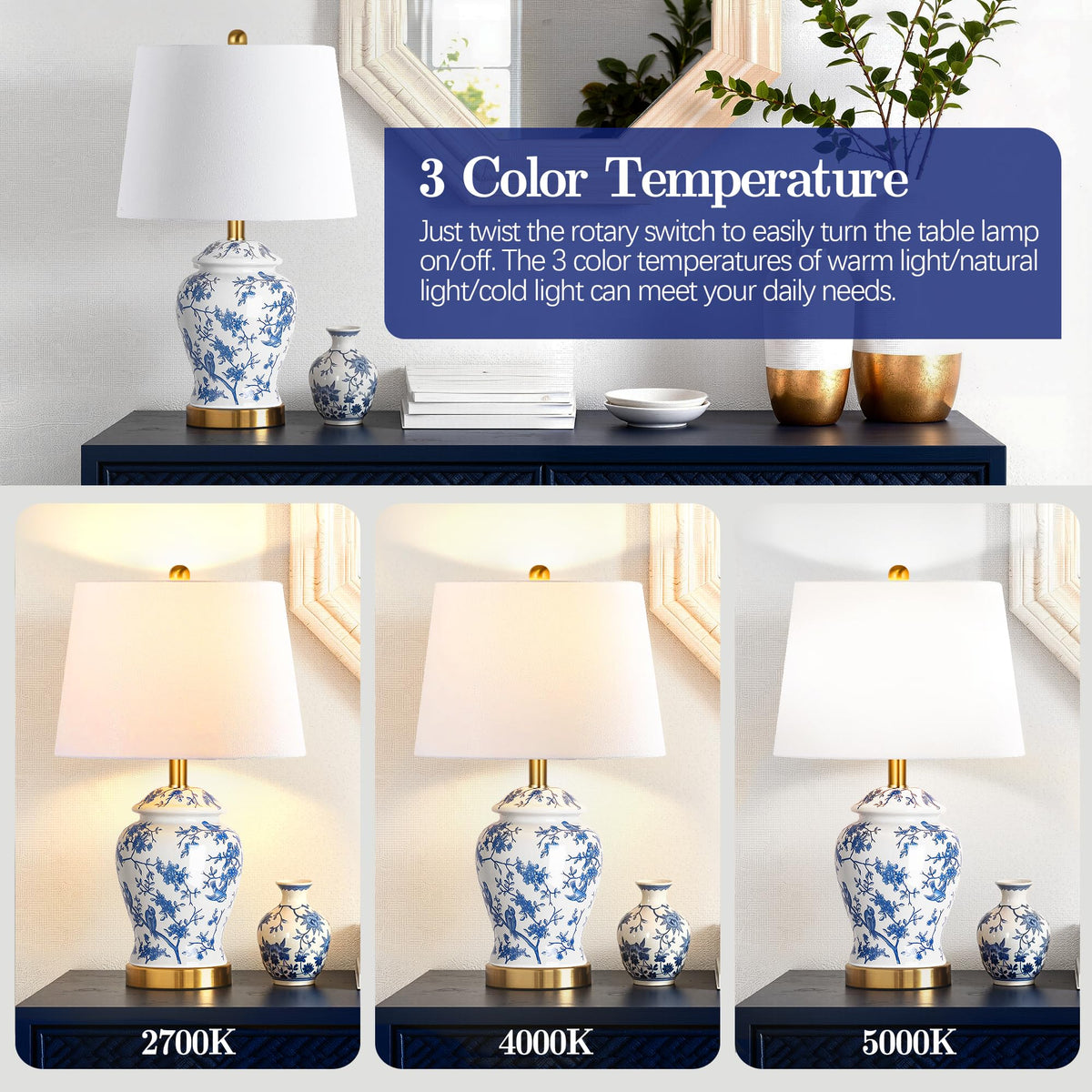QiMH ceramic table lamp with gold base elevates bedside ambiance and durability