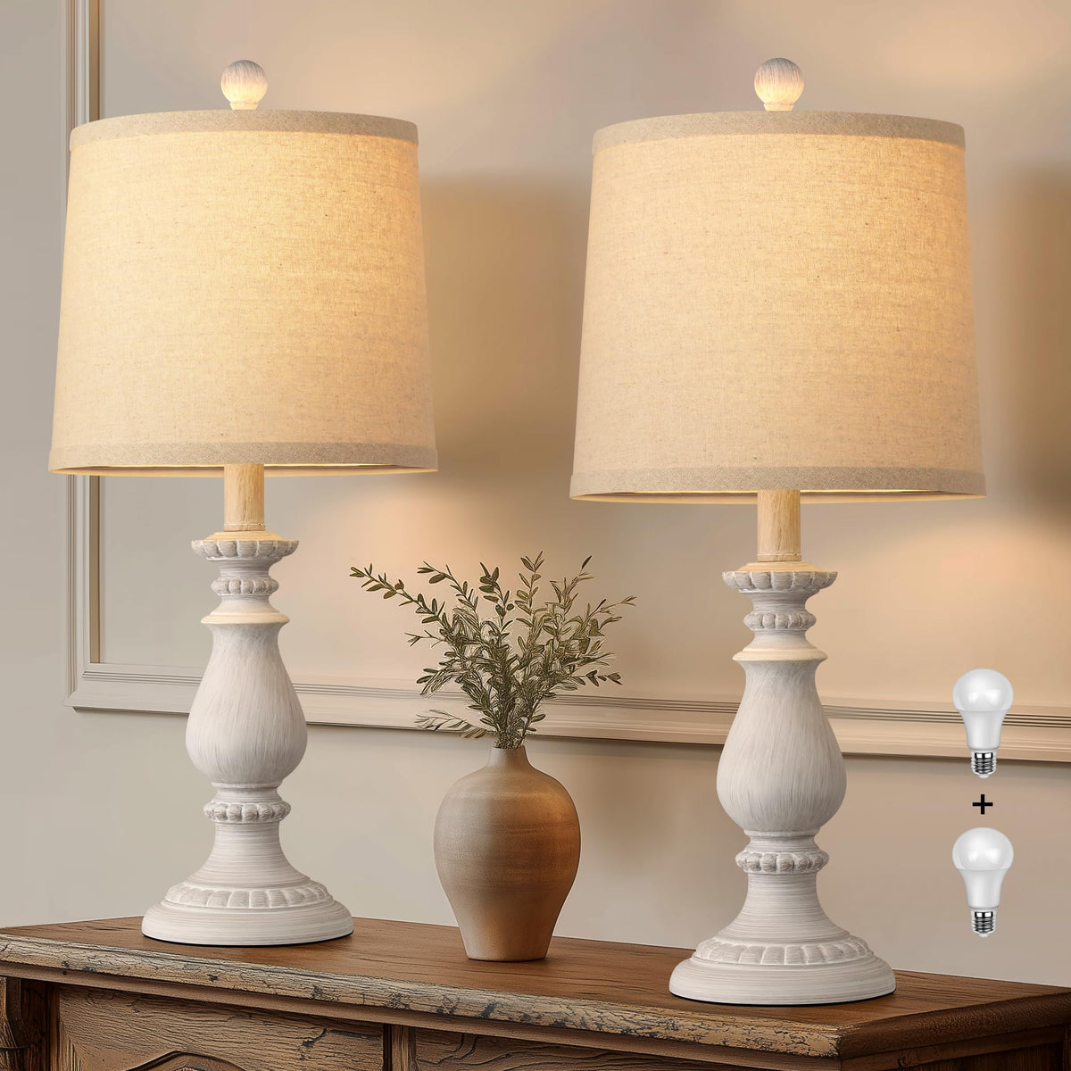 QiMH farmhouse lamp pair base detail enhances rustic living room ambiance
