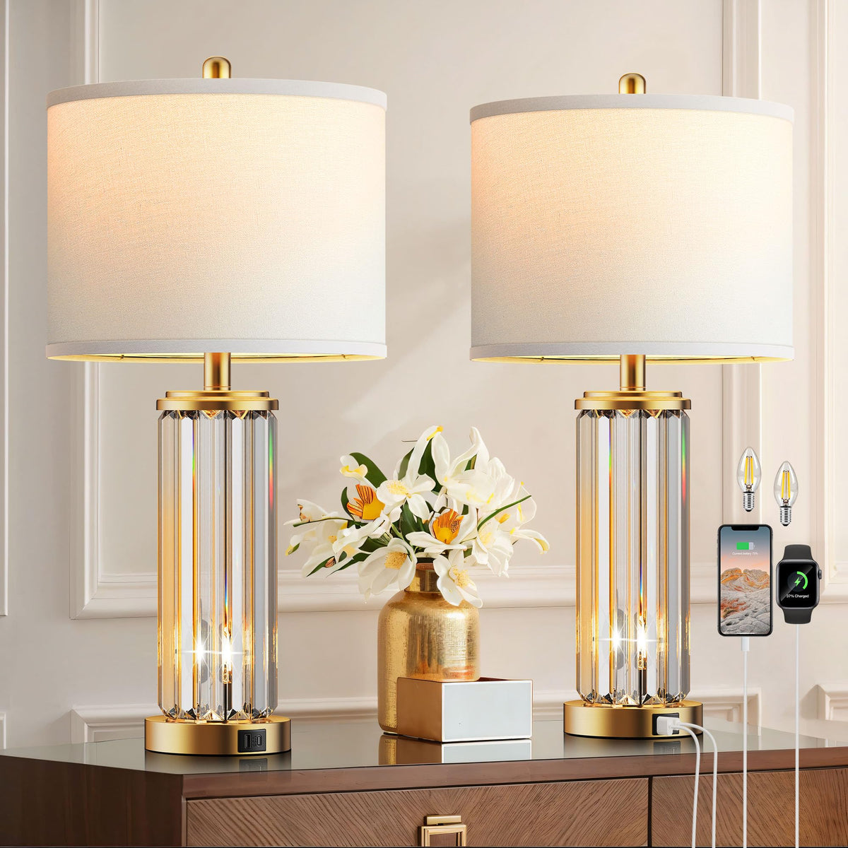 QiMH gold crystal table lamps pair for elegant bedroom lighting