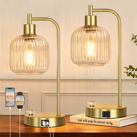 QiMH industrial table lamp with clear glass shade and gold base enhances bedside ambiance.
