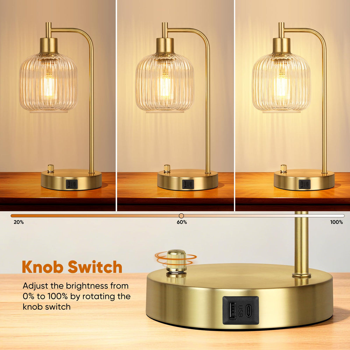 QiMH nightstand lamp with USB-A and USB-C ports for convenient charging.