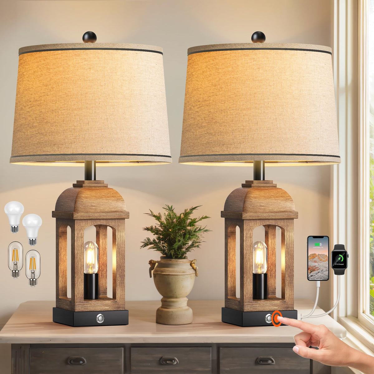 QiMH table lamp with wood-grain base enhances living room ambiance.