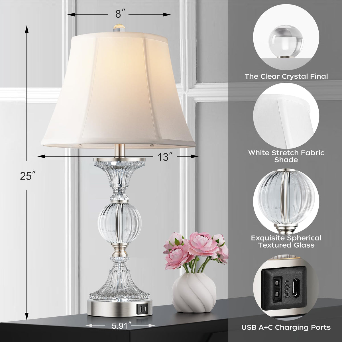 QiMH textured glass sphere with crystal finial adds decorative sophistication.