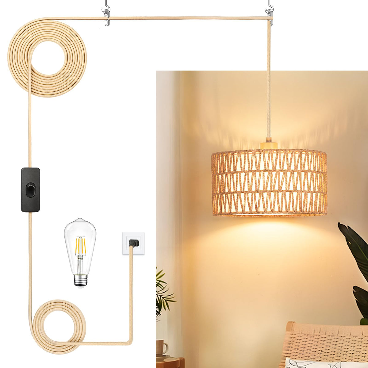 Qingmiao boho pendant light with woven shade creates warm ambience for living rooms.