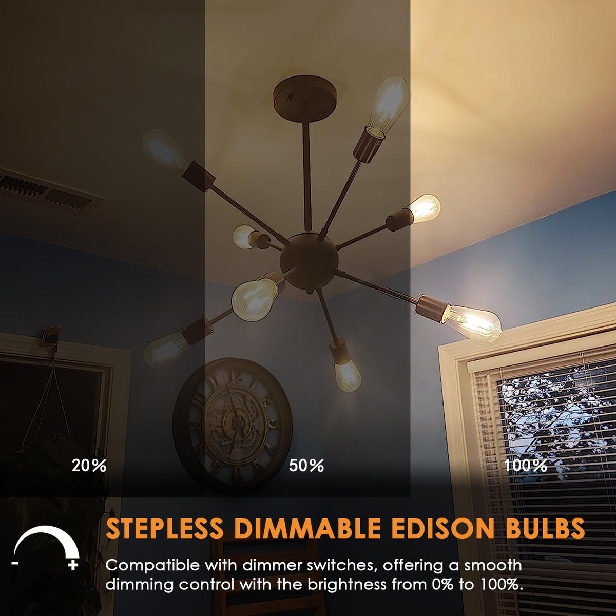 Qingmiao clear-glass Edison filament bulb in chandelier setting.