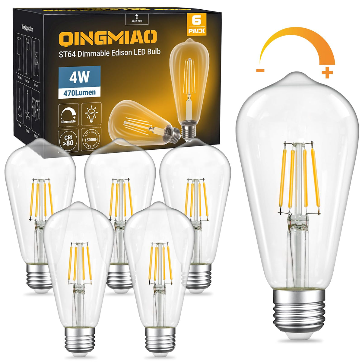 Qingmiao dimmable LED Edison bulb with clear filament for cozy room lighting.