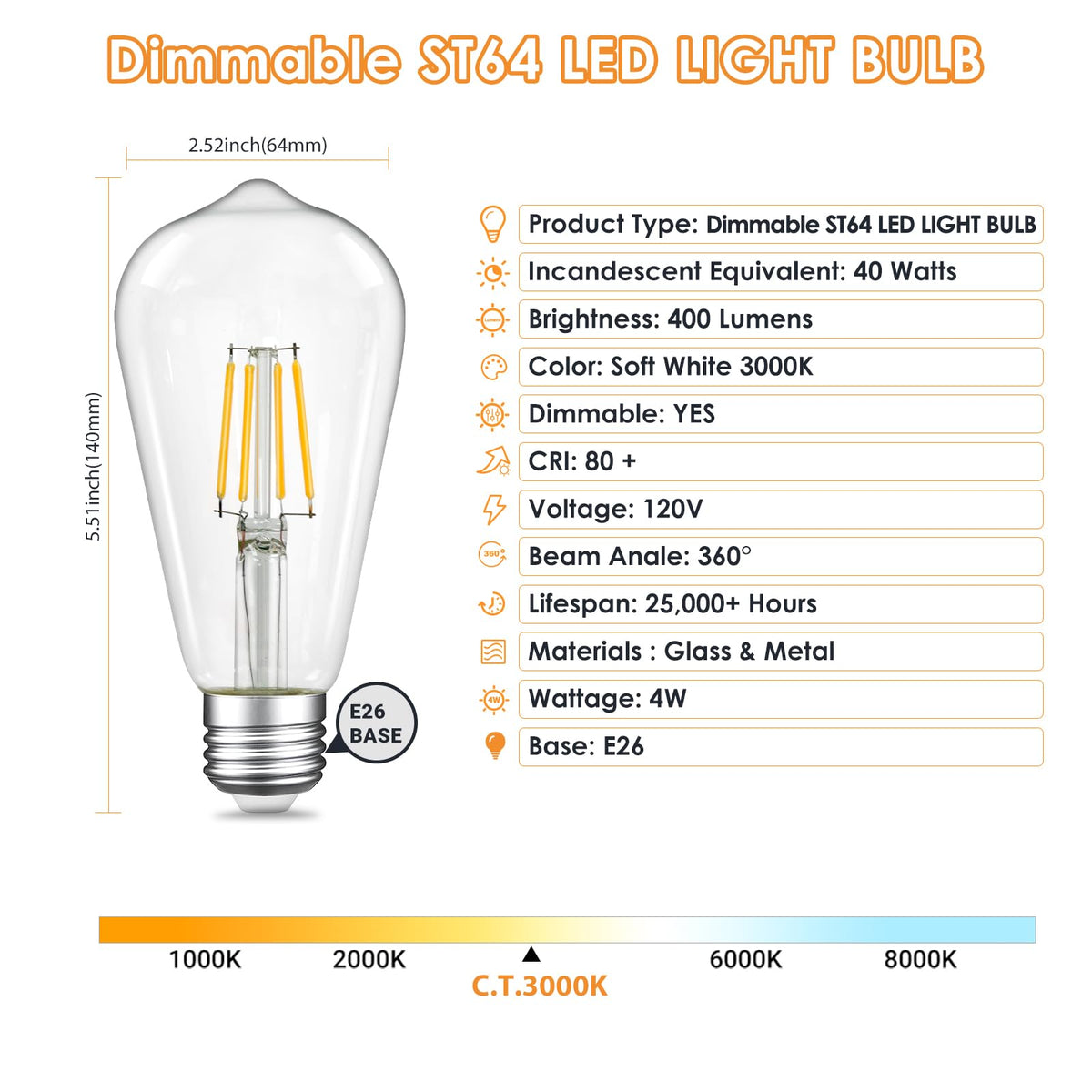Qingmiao 3000K soft white Edison bulb creating warm ambient glow.