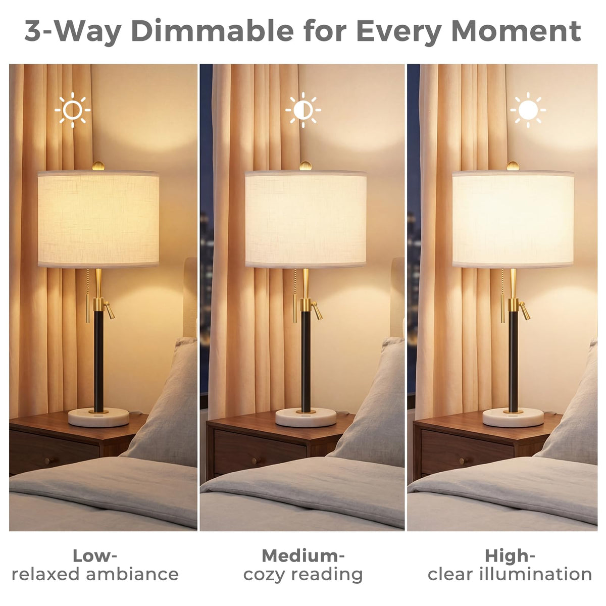 Qingmiao gold table lamps feature a pull chain for easy control.
