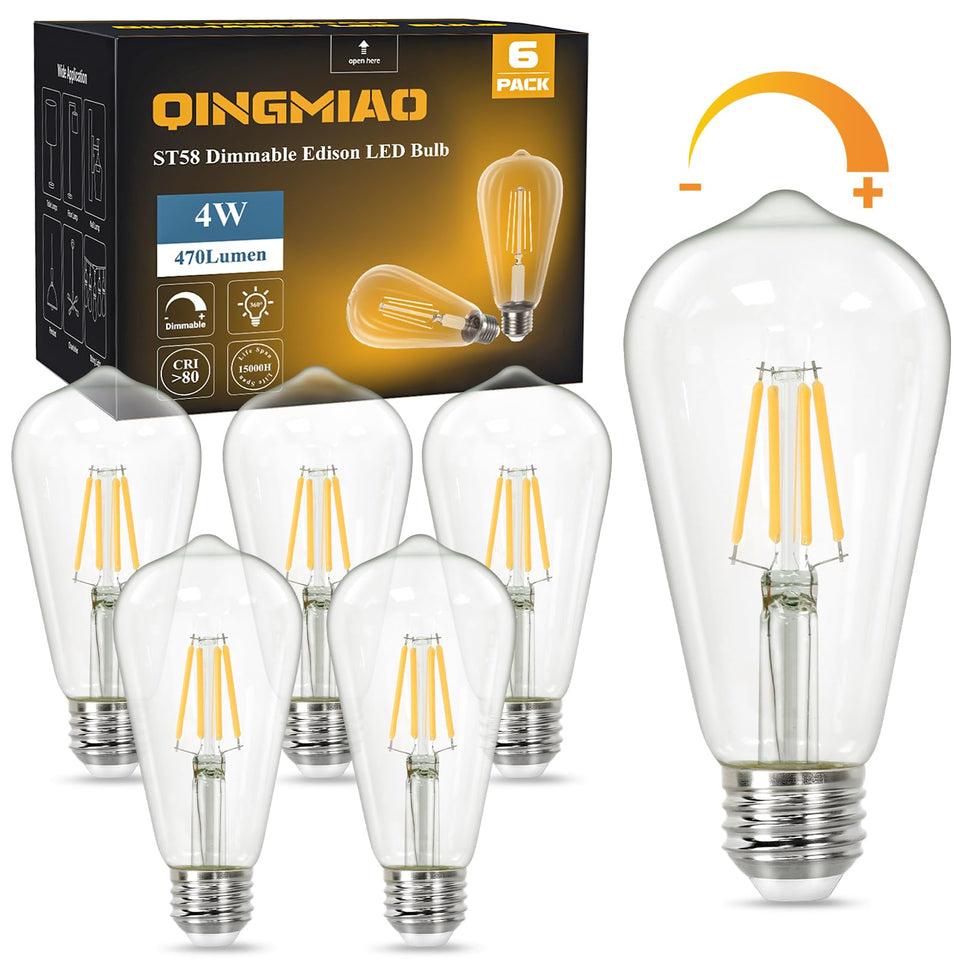Qingmiao vintage LED Edison bulbs ST58, dimmable 4W, E26 base, warm ambient light.