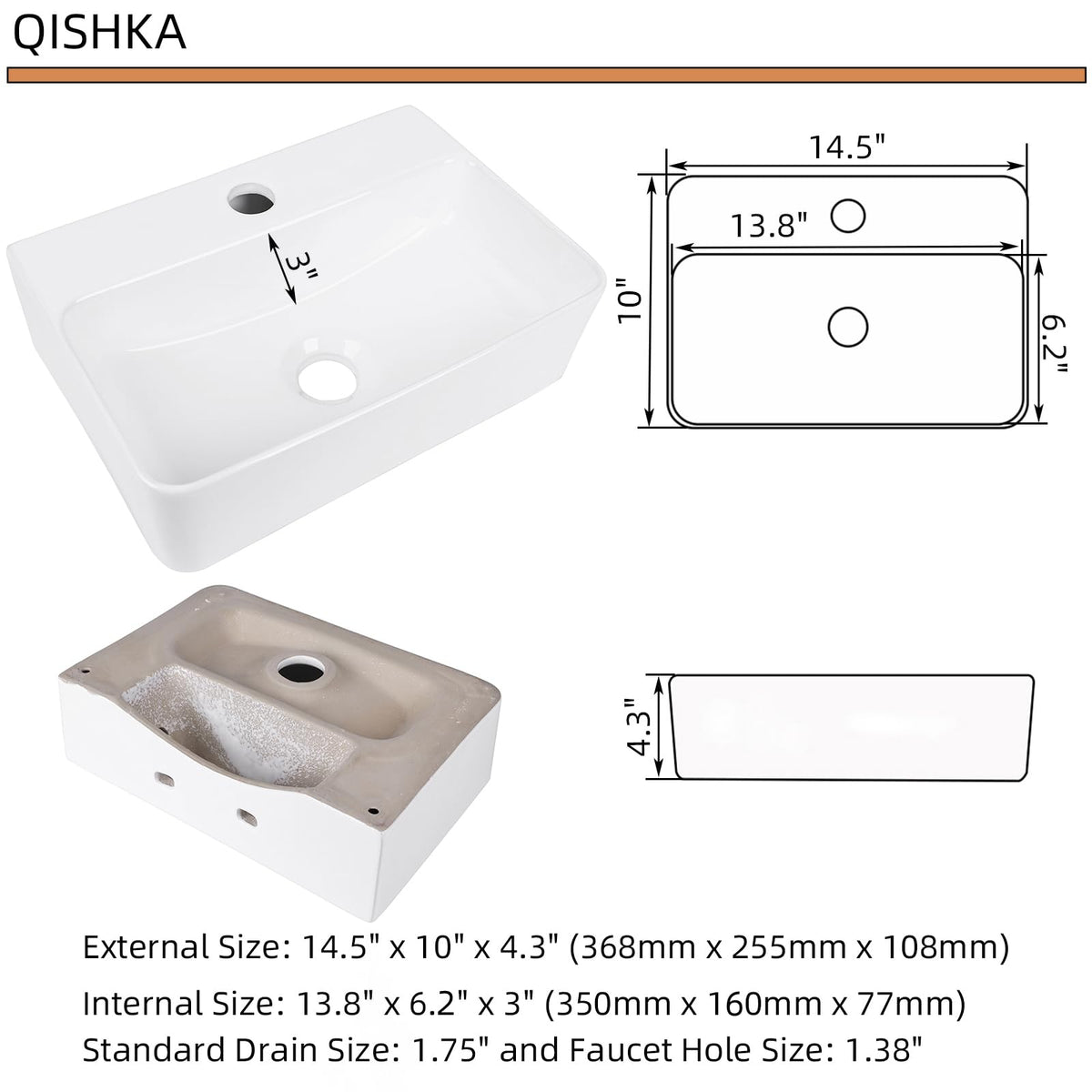 QISHKA porcelain ceramic surface resists stains and soap scum for easy maintenance.