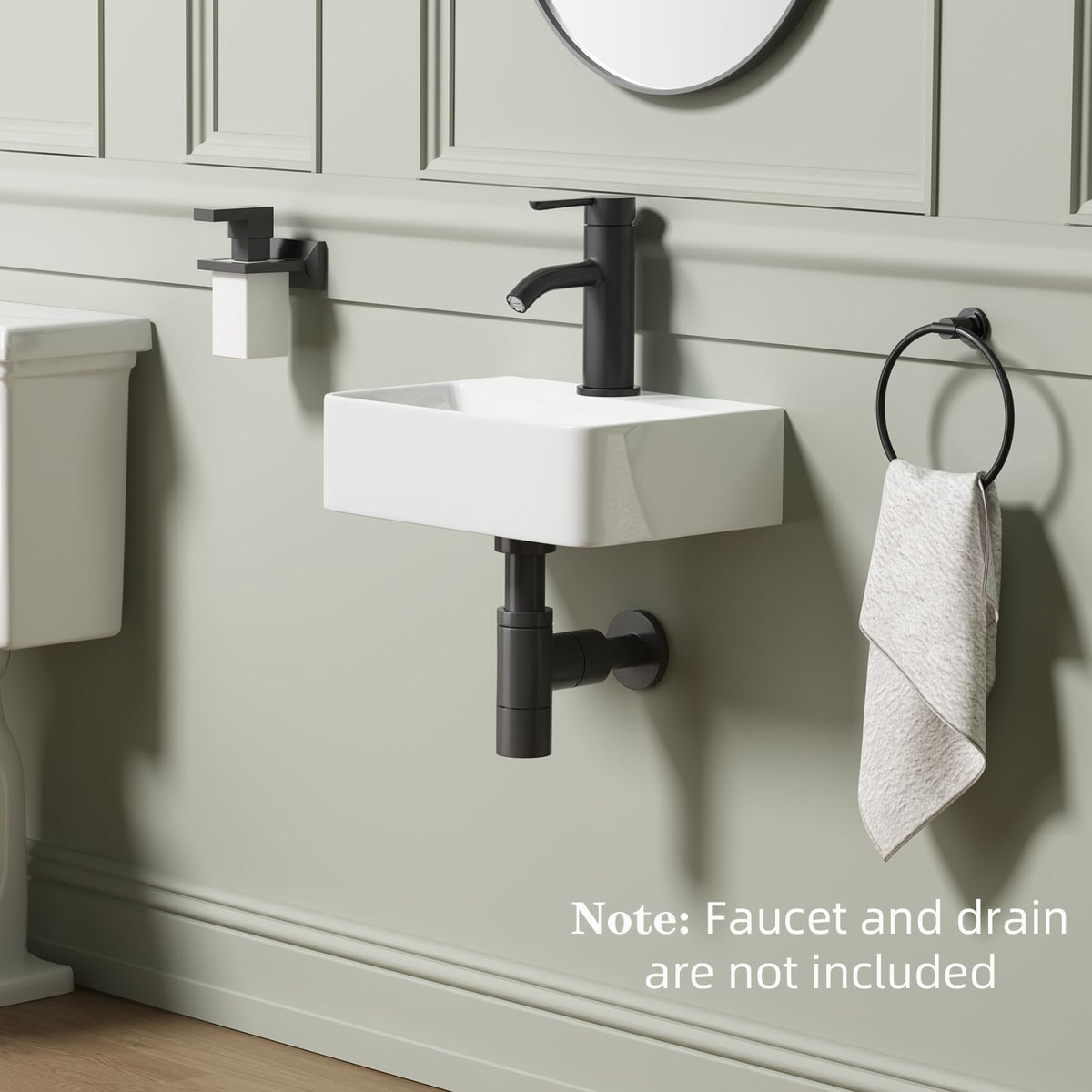 QISHKA sink with installation hardware included for a straightforward wall-mount setup.