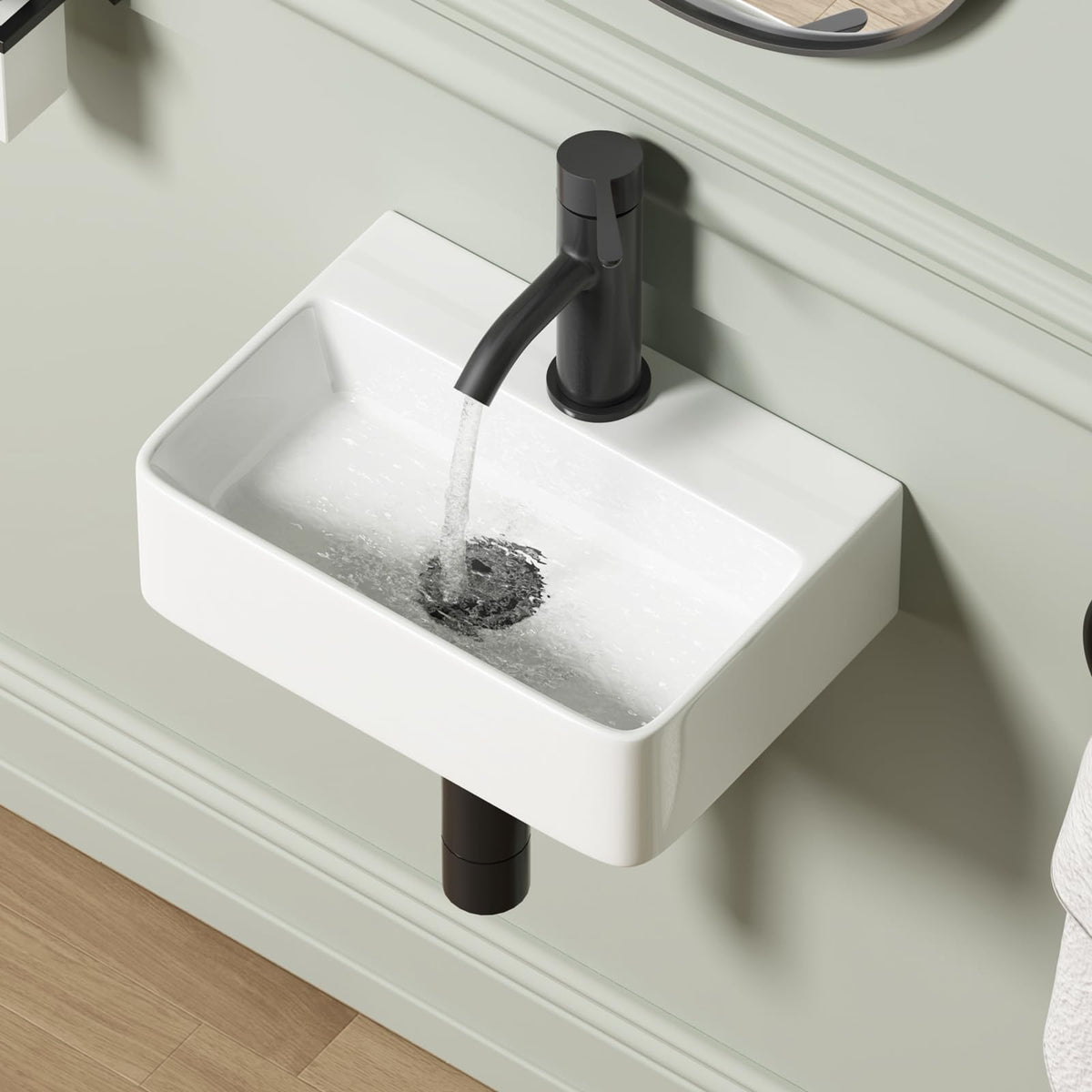 QISHKA wall-hung rectangular sink 14.5x10, space-saving for compact bathrooms.