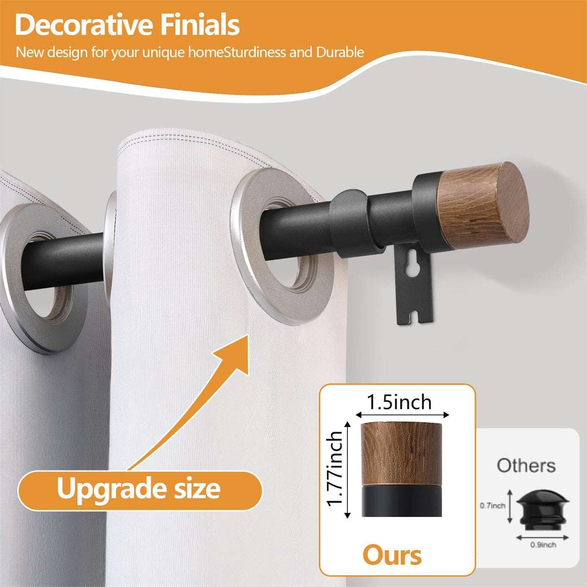 Detail of QITERI wood-grain finials adds a decorative, timeless touch.
