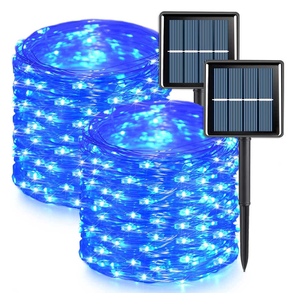QITONG blue solar fairy lights outdoors 66ft 200 LEDs for ambient evenings.