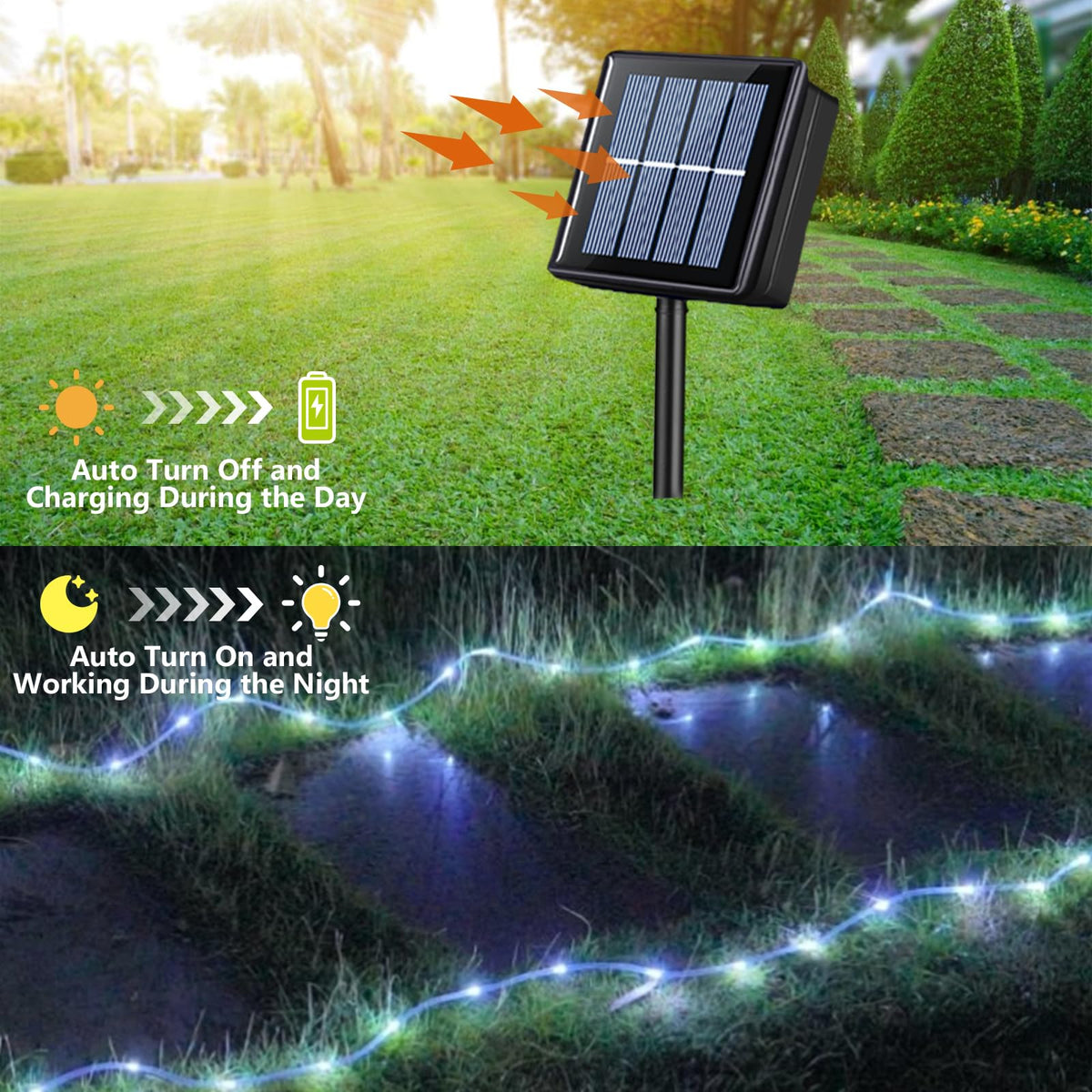 QITONG solar rope light clear tube close-up showing bright LEDs.