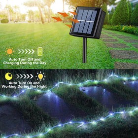 QITONG solar rope light clear tube close-up showing bright LEDs.