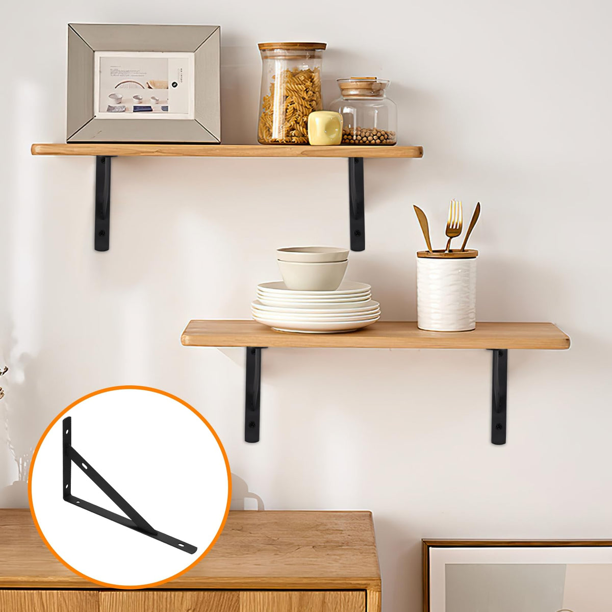 Qiwuhai 7.87 by 4.72 inch bracket on a modern shelf.
