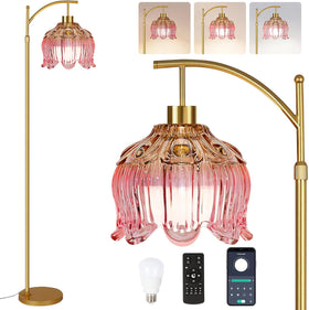 QIYIZM pink floor lamp with brass arc base adds warm mid-century charm.