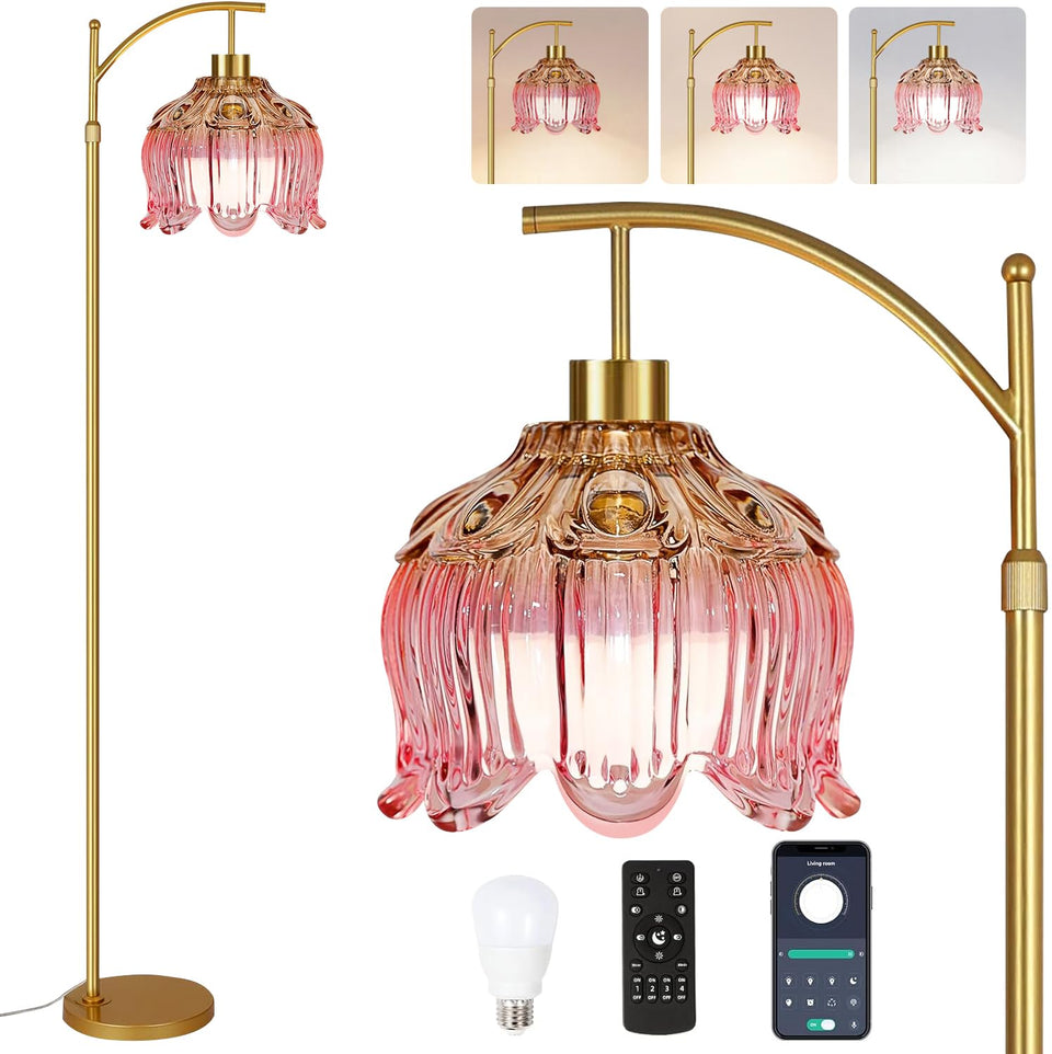 QIYIZM pink floor lamp with brass arc base adds warm mid-century charm.