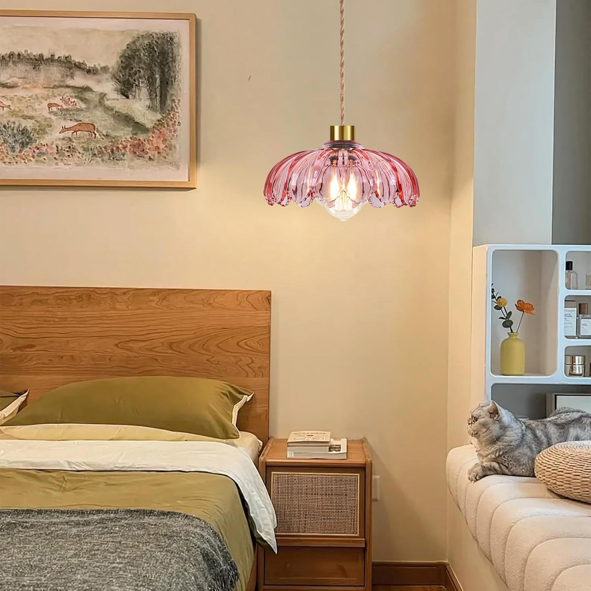 QIYIZM pink glass pendant adds boho chic and mid-century charm