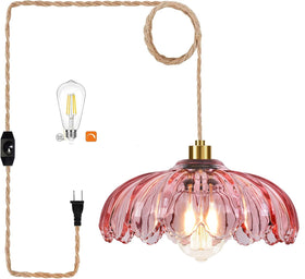 QIYIZM pink plug-in pendant light with glass shade and gold finish for elegant ambient lighting