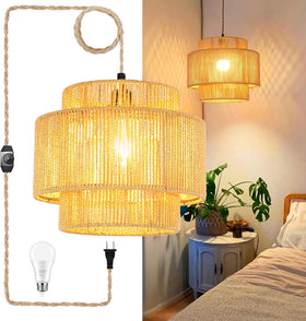QIYIZM plug-in pendant light with bamboo shade enhances warm living room ambiance.