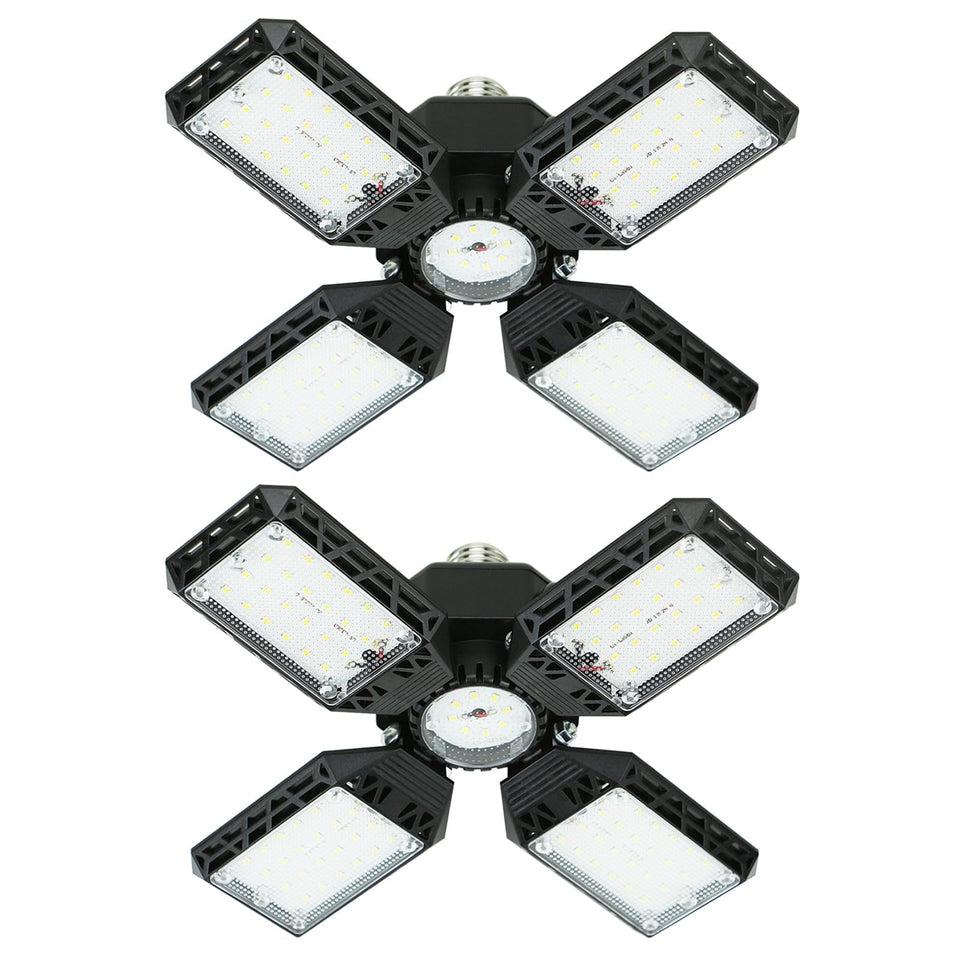 QiyuanLS 2-pack LED garage light with four panels providing wide coverage for garages.