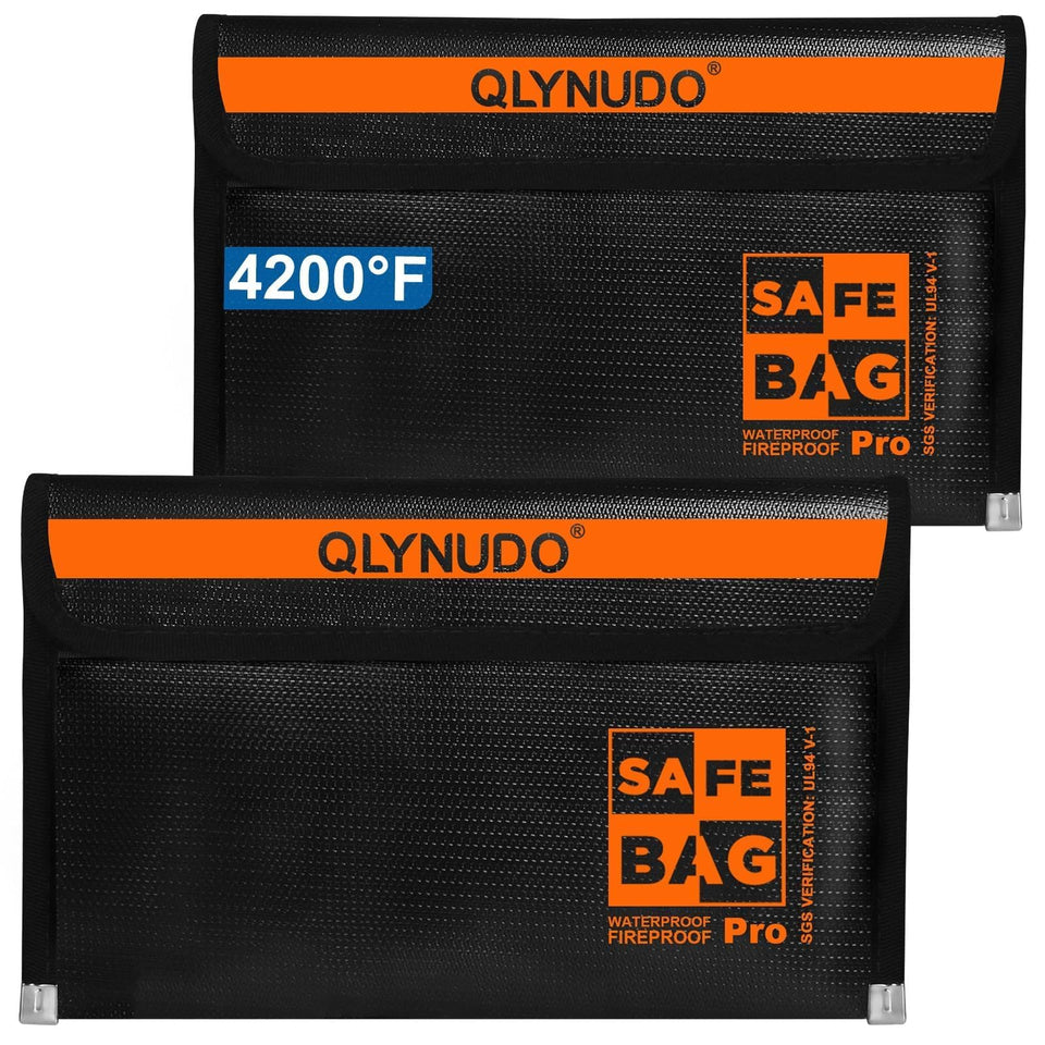 QLYNUDO fireproof money bag 2-pack, closed view protects cash and documents from heat and moisture.