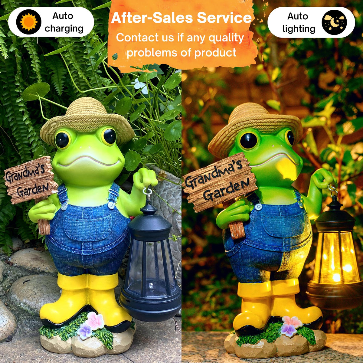 Qmaggice frog statue shows daytime colors and nighttime lantern glow