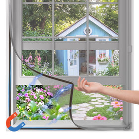 Qmioti magnetic window screen setup shows adjustable fit for easy customization and airflow.