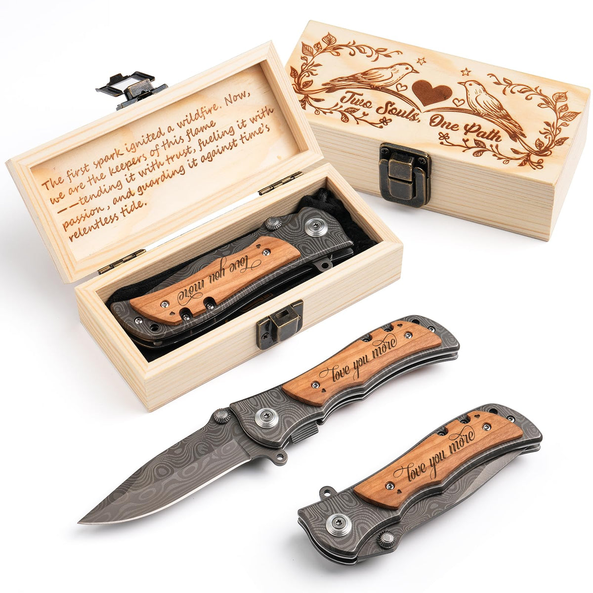 QNJ Love You More pocket knife in olive wood with engraving