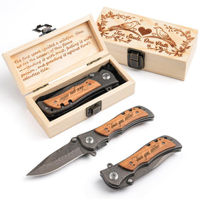 QNJ Love You More pocket knife in olive wood with engraving