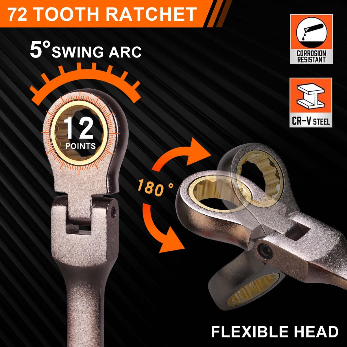 Qnkaa 72-tooth ratchet with a 5-degree swing for tight spaces.