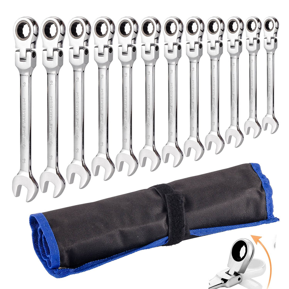 Qnkaa flexible ratchet wrench set displayed in its roll bag for easy transport.