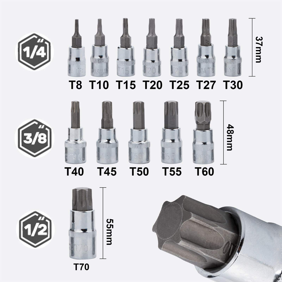 Qnkaa Torx sockets with 3/8 inch drive ideal for automotive tasks.