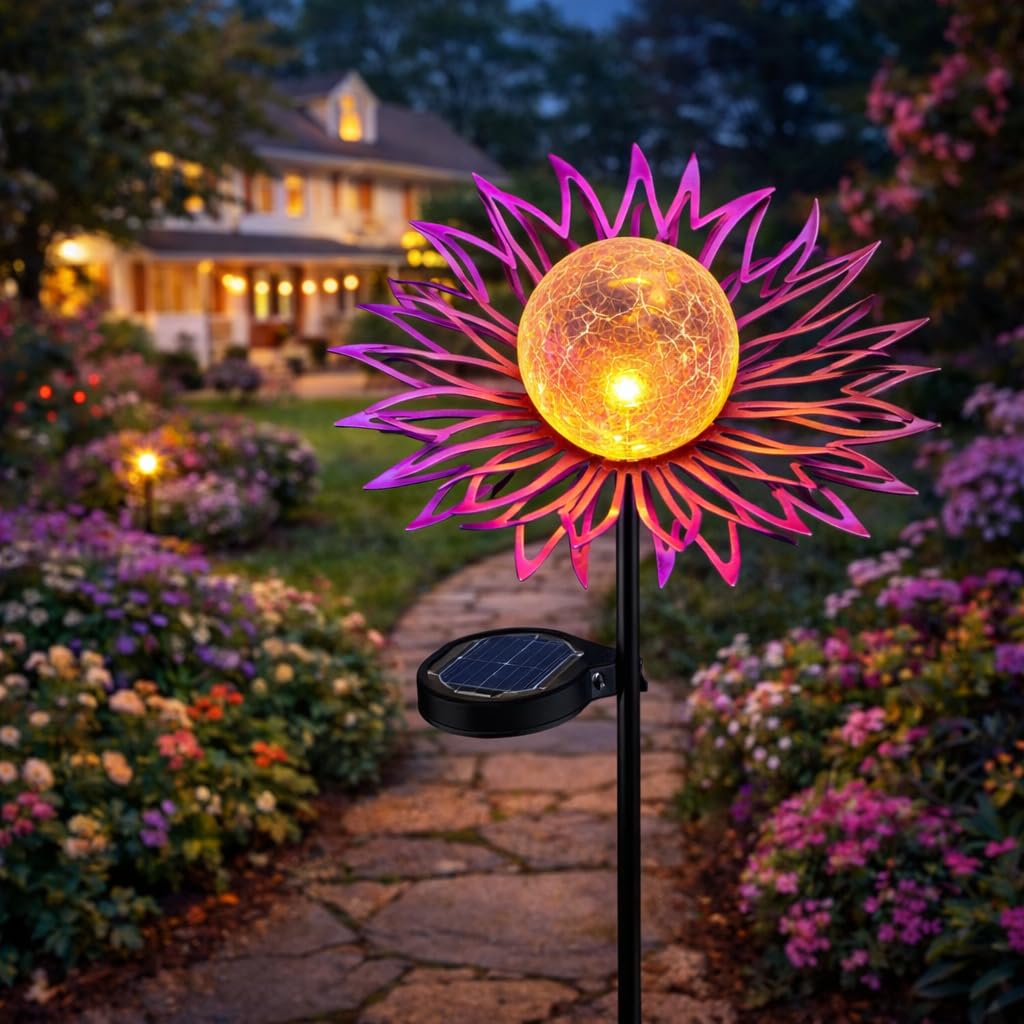 QOCNAM solar garden light with cornflower design brightens paths at night