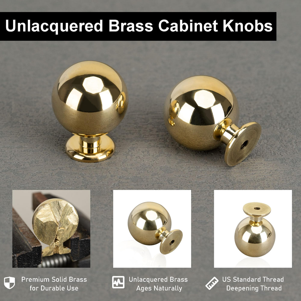 QOGRISUN round ball gold knob mounted on a cabinet for timeless elegance and everyday durability.