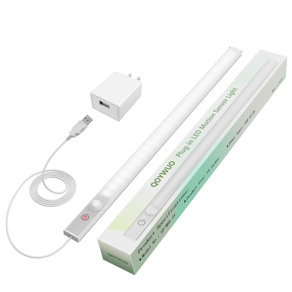 QOYWUO 14-inch LED motion sensor light for cabinets with hands-free illumination.