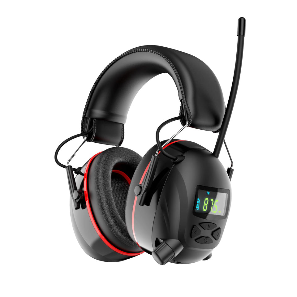 Qozybuds AM/FM headphones front view with earmuffs for outdoor work