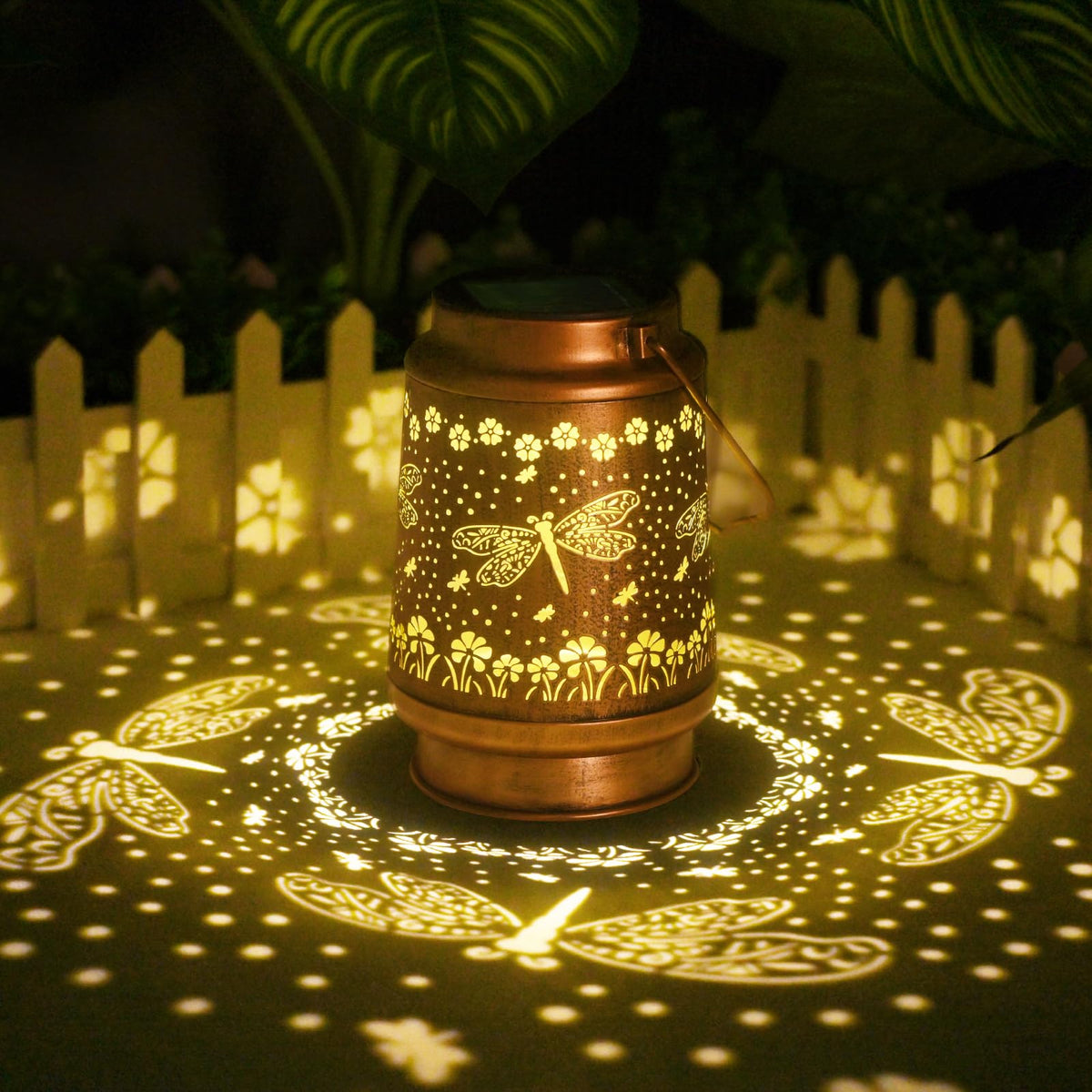 QPPDER Dragonfly Lantern hanging from a tree for warm outdoor ambiance