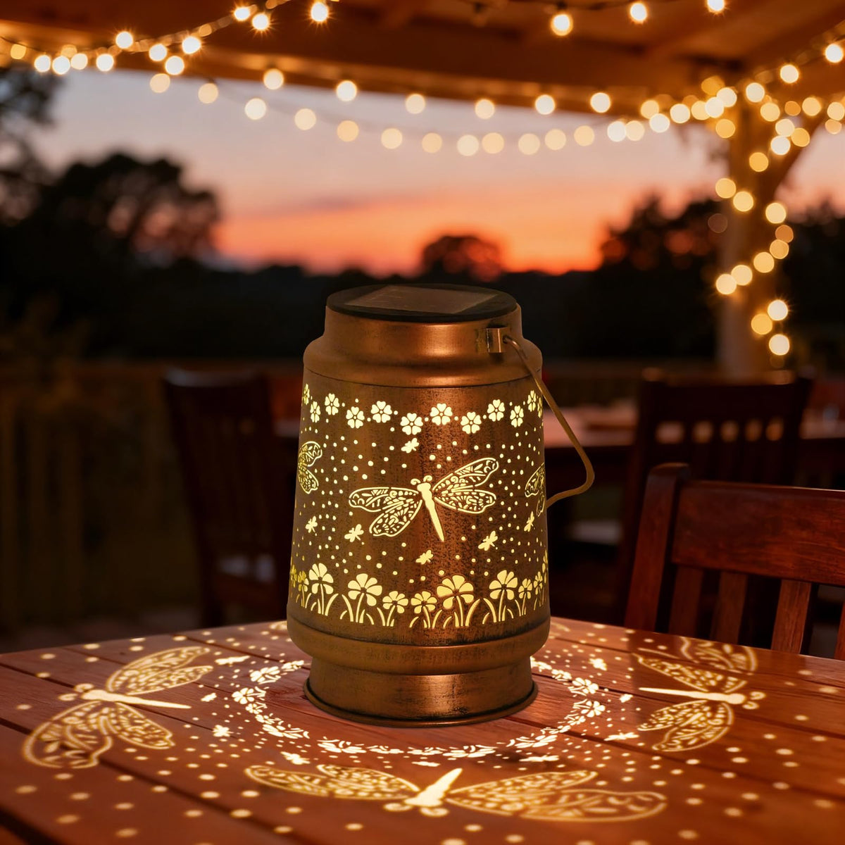 QPPDER Dragonfly Lantern on tabletop adding cozy yard lighting