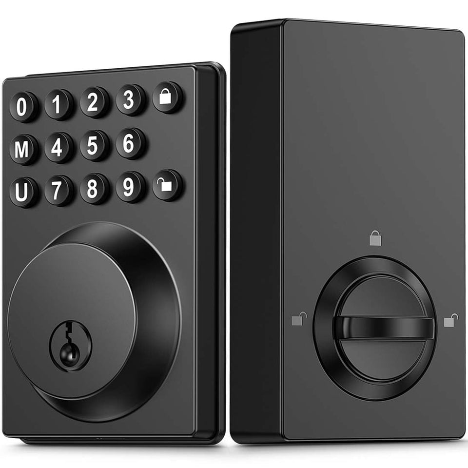 QPW keyless entry lock on matte black exterior front view for home security